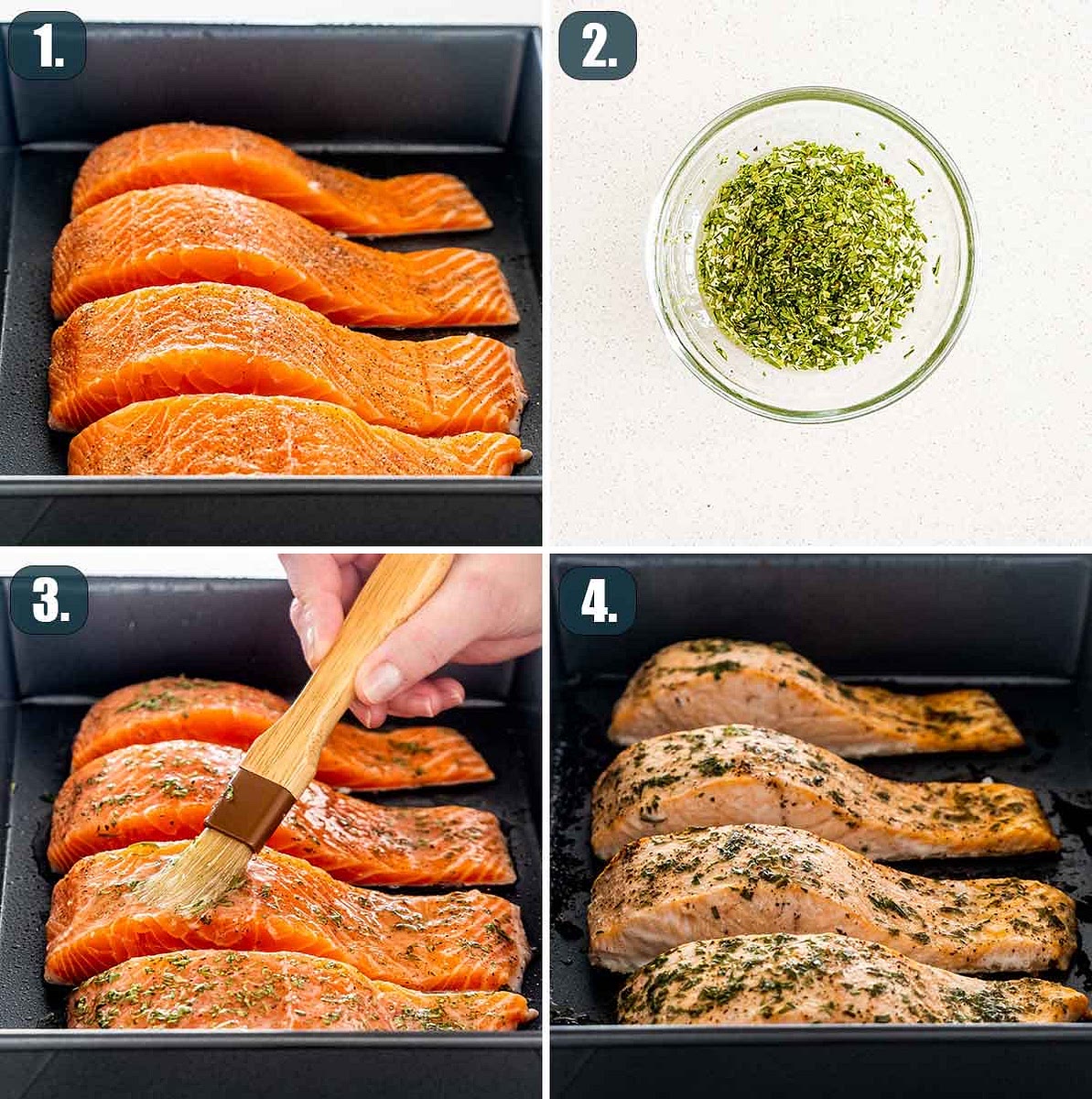 Season salmon. Place salmon fillets on the baking sheet and season with salt and pepper.