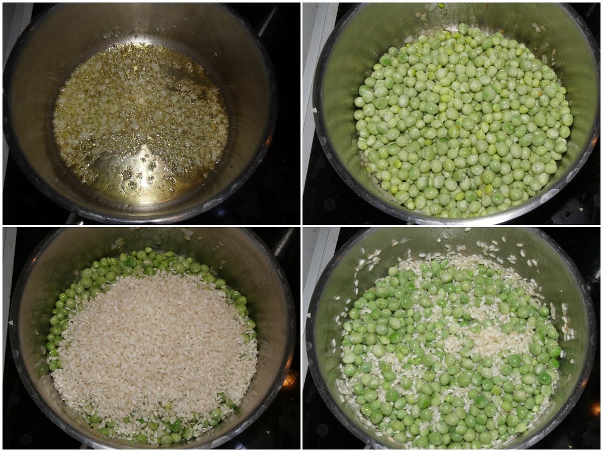 Fate appassire la mezza cipolla rimasta, tritata finemente, con un po' di olio in una casseruola, unite i piselli e lasciateli insaporire, quindi aggiungete 1 mestolo di brodo e lasciateli cuocere per 5 minuti.
Aggiungete il riso e fatelo tostare brevemente nel condimento.