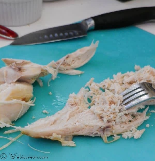 Shred the chicken with a fork until you have 3 cups’ worth.