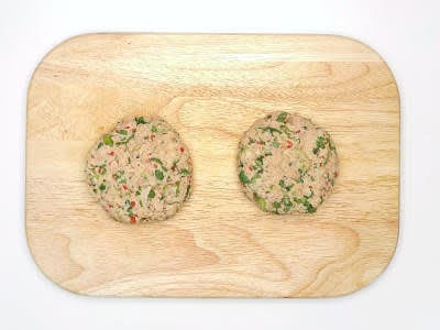 Shape the Thai-style tuna mix into 2 [4] patties – these are your Thai-style tuna fishcakes