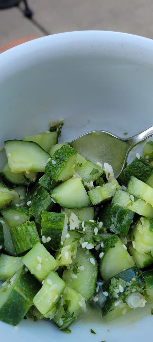 Mix the vinegar, ginger, sugar, salt and oil together. Pour over the sliced cucumbers, scallions, peppers and cilantro. Mix. Refrigerate for a couple hours to let marinate. ENJOY AND DANCE!!!