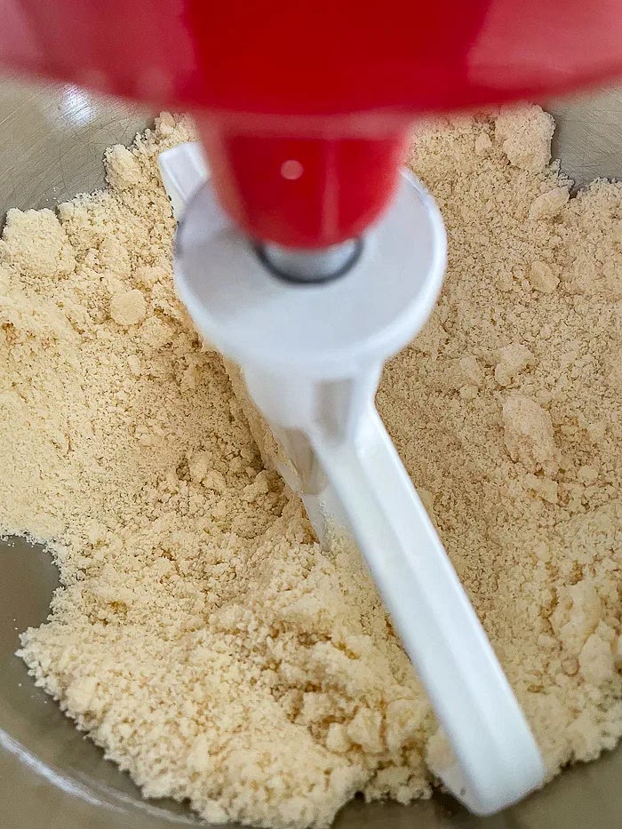 Mix on low speed for just a couple of minutes until the butter and oil are well incorporated and the mixture is crumbly and sandy looking.
