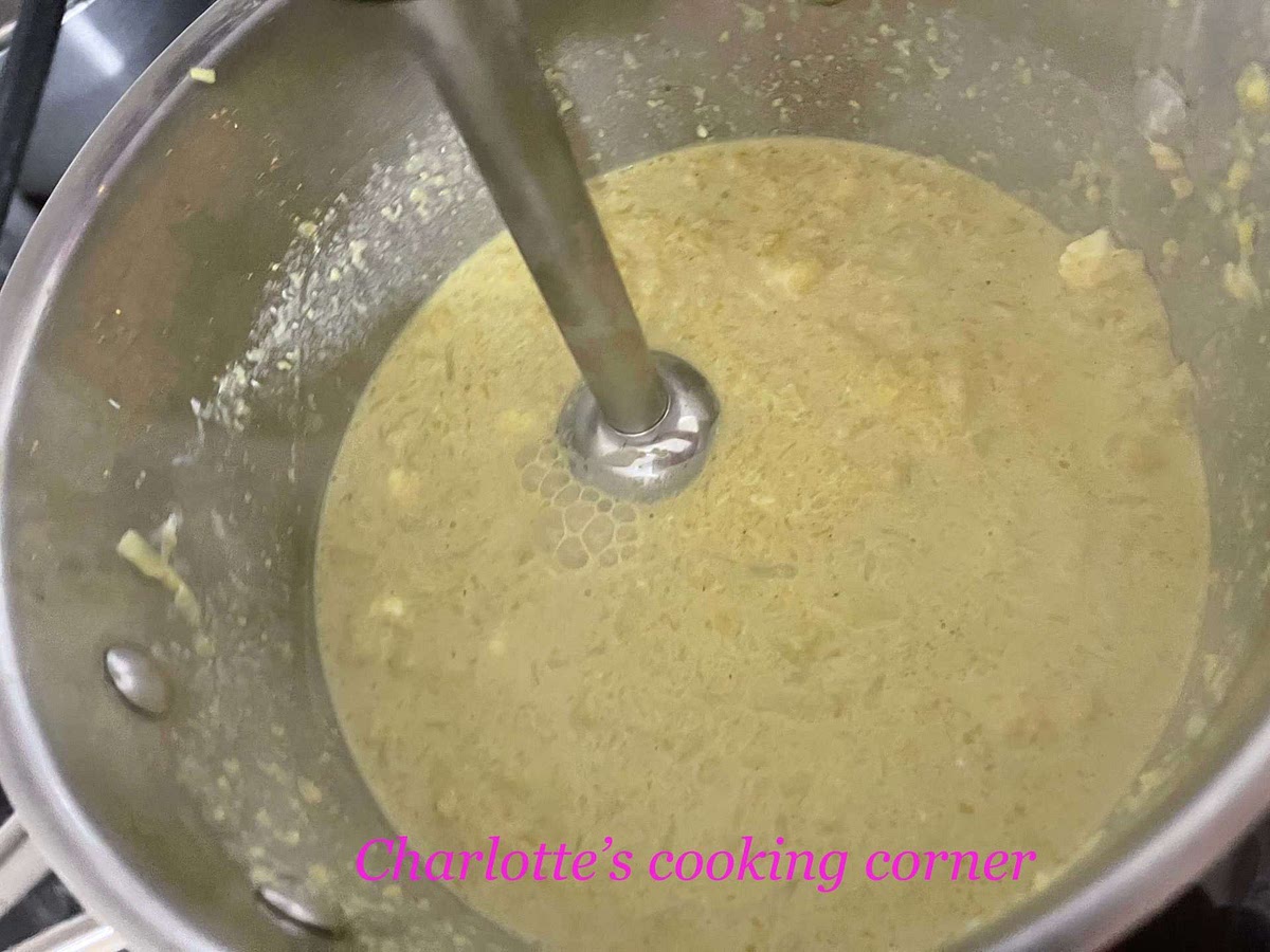Remove from the heat and add in cream cheese. Puree it with hand mixer. Add salt and pepper before serve.
