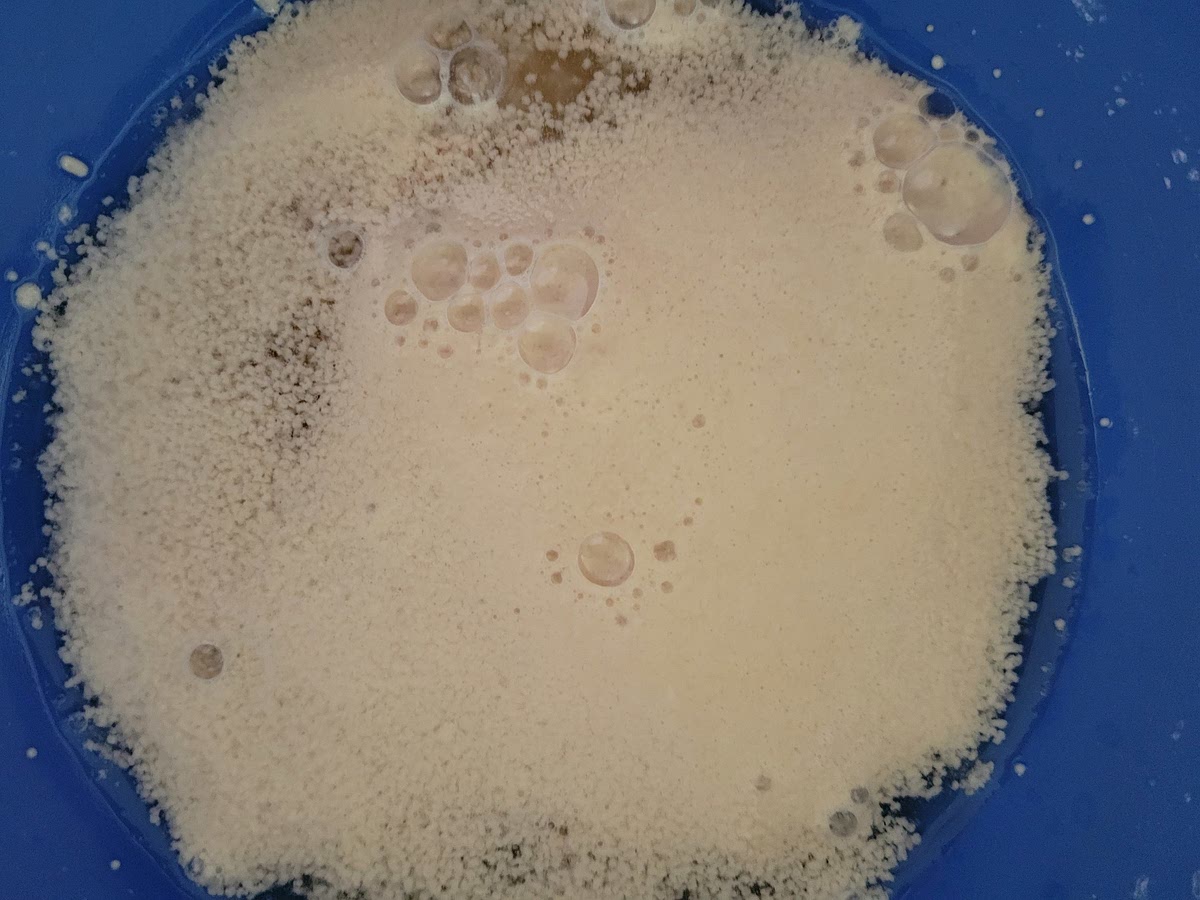 COMBINE YEAST, WARM WATER AND 1 TABLESPOON SUGAR IN A MIXING BOWL. ALLOW YEAST TO BUBBLE.