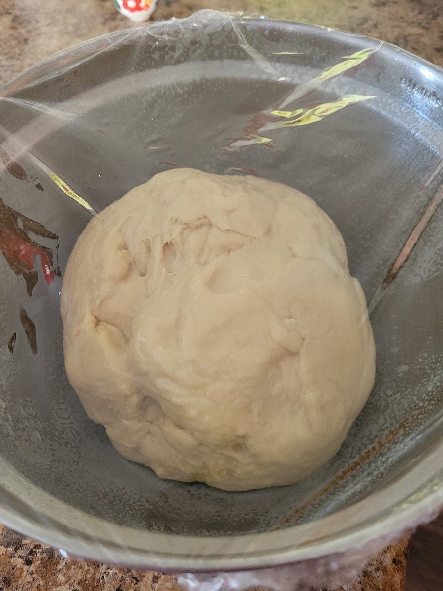 REMOVE DOUGH FROM THE BOWL AND GREASE THE BOWL. RETURN DOUGH TO THE BOWL AND TURN IT OVER SO ALL SIDES ARE COVERED IN GREASE. LOOSELY COVER BOWL WITH GREASED PLASTIC WRAP. ALLOW TO RISE UNTIL DOUBLED IN SIZE, ABOUT 45 MINUTES, DEPENDING HOW WARM YOUR HOUSE IS. (I PUT MINE IN THE MICROWAVE THAT WAS WARM FROM HEATING MY MILK AND BUTTER.)