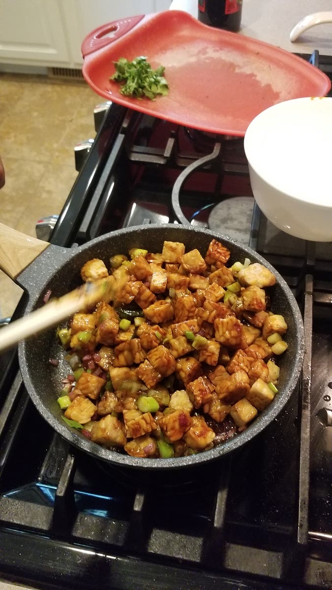 Return the tempeh to the pan with the red and green onion, and cover it lightly with kecap manis.