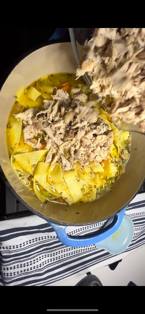 Chop entire rotisserie chicken and add to dutch oven