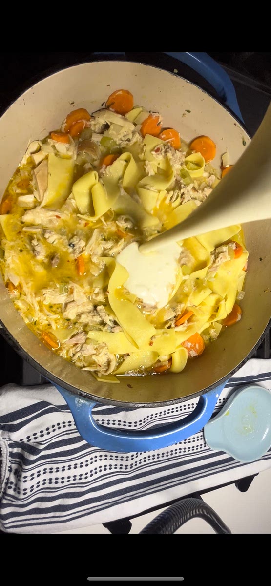 Add roux to Dutch oven and mix. Salt and pepper as needed
