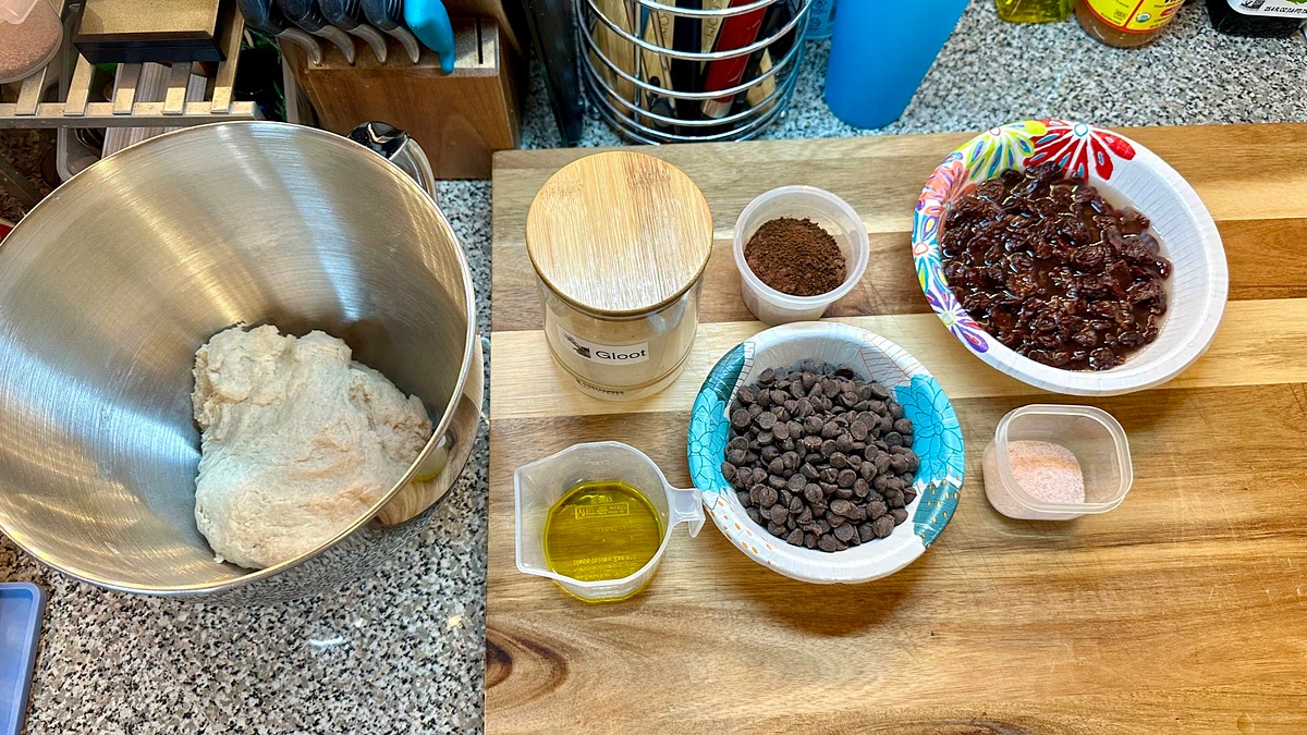 Add the remaining ingredients (except the cherries and chocolate chips) to the mixer bowl...
Start the mixer on low, then increase to medium once the dry ingredients are mostly incorporated...
Mix until until well combined and the dough is smooth (roughly 3-5 minutes).