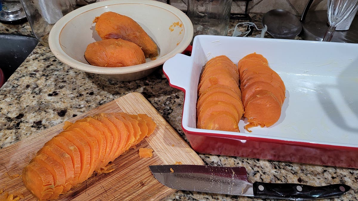 Stack and angle the slices in a casserole dish.