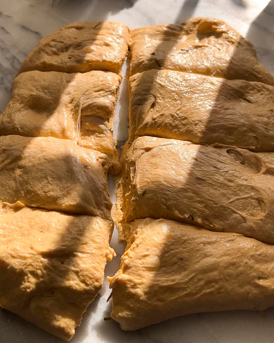 Shape: Lightly flour your work surface, and sprinkle a little bit of flour on top of the dough as well. Divide into 6 - 10 pieces (depending on how small or large you like your rolls). Pinch the edges to the bottom of each roll, try to round it tightly. Transfer the shaped rolls into a greased baking pan.