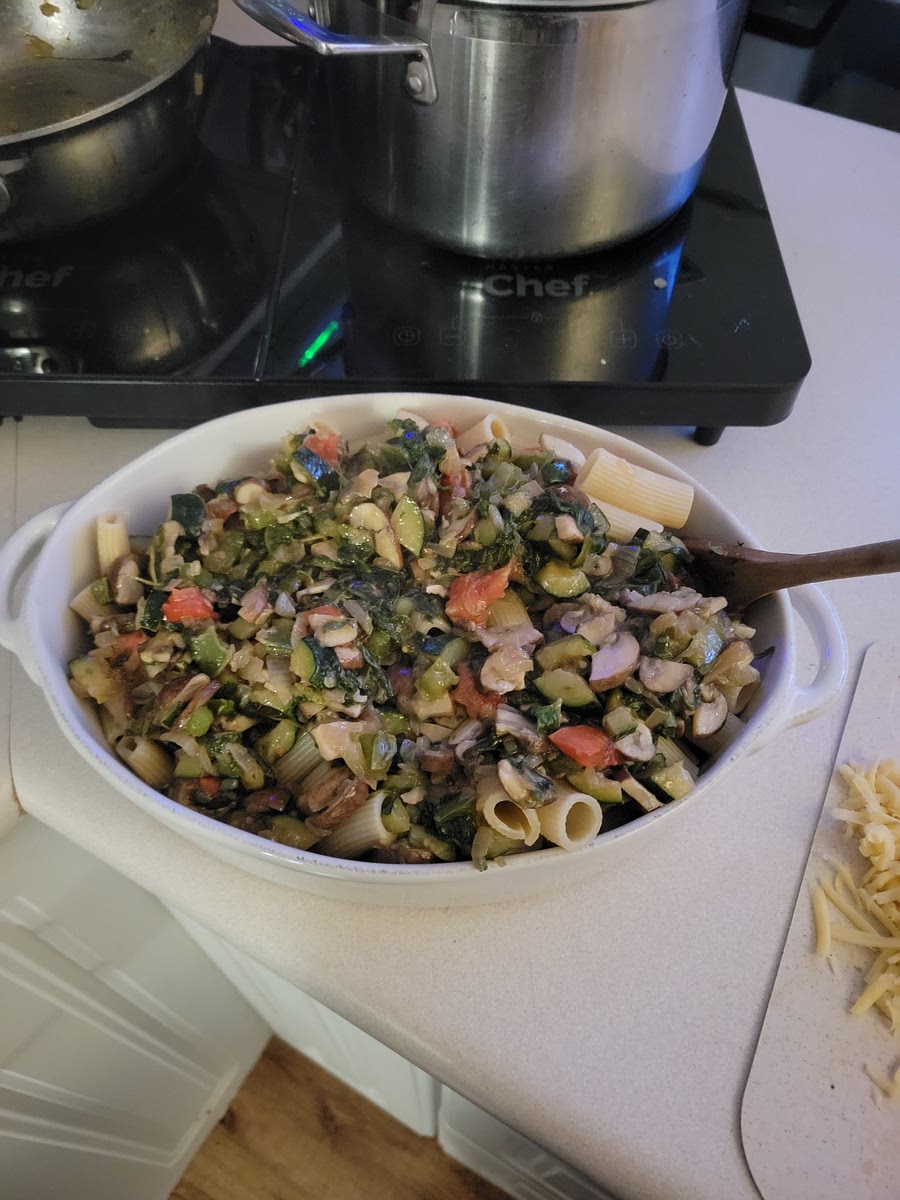Combine Veggies and Cooked Noodles in caserole dish.