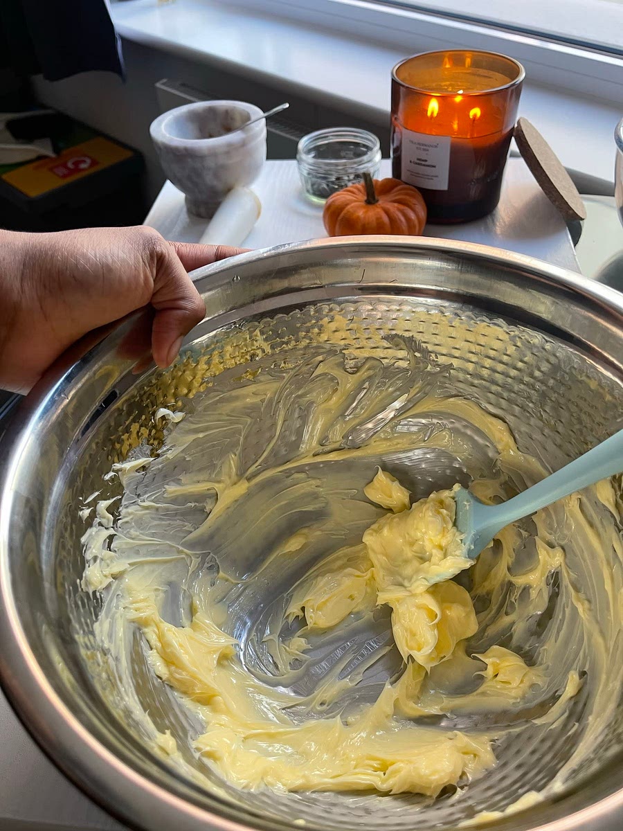 Cream the butter until silky then add the sugar & mix or whisk until light and airy