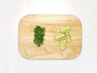 Meanwhile, chop the basil finely, including the stalks Cut the lime[s] into wedges