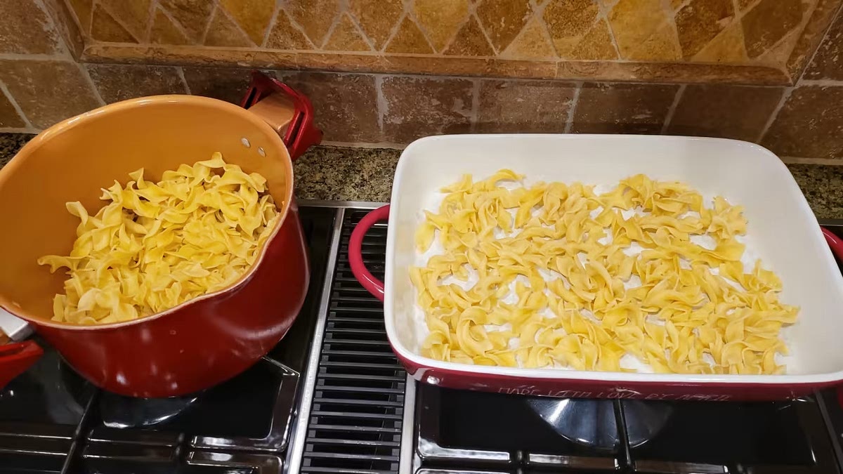 Layer Half of the Egg Noodles in a Baking Dish.