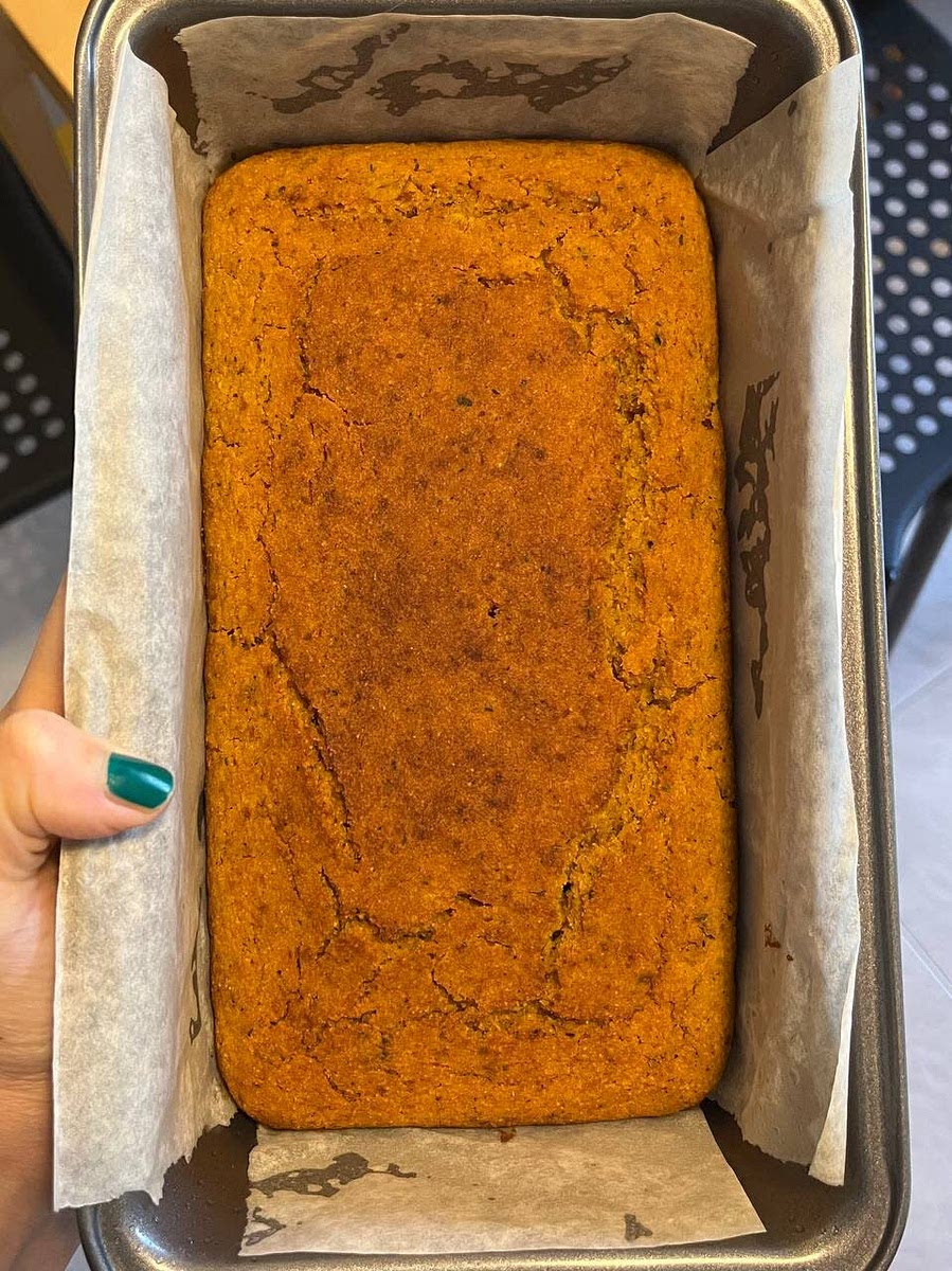 Bake for 34 to 37 minutes. Cool for 5 minutes then remove from pan and cool for another 10 minutes before slicing. (You can also bake the batter into cornbread muffins. Bake for 20-24 min).