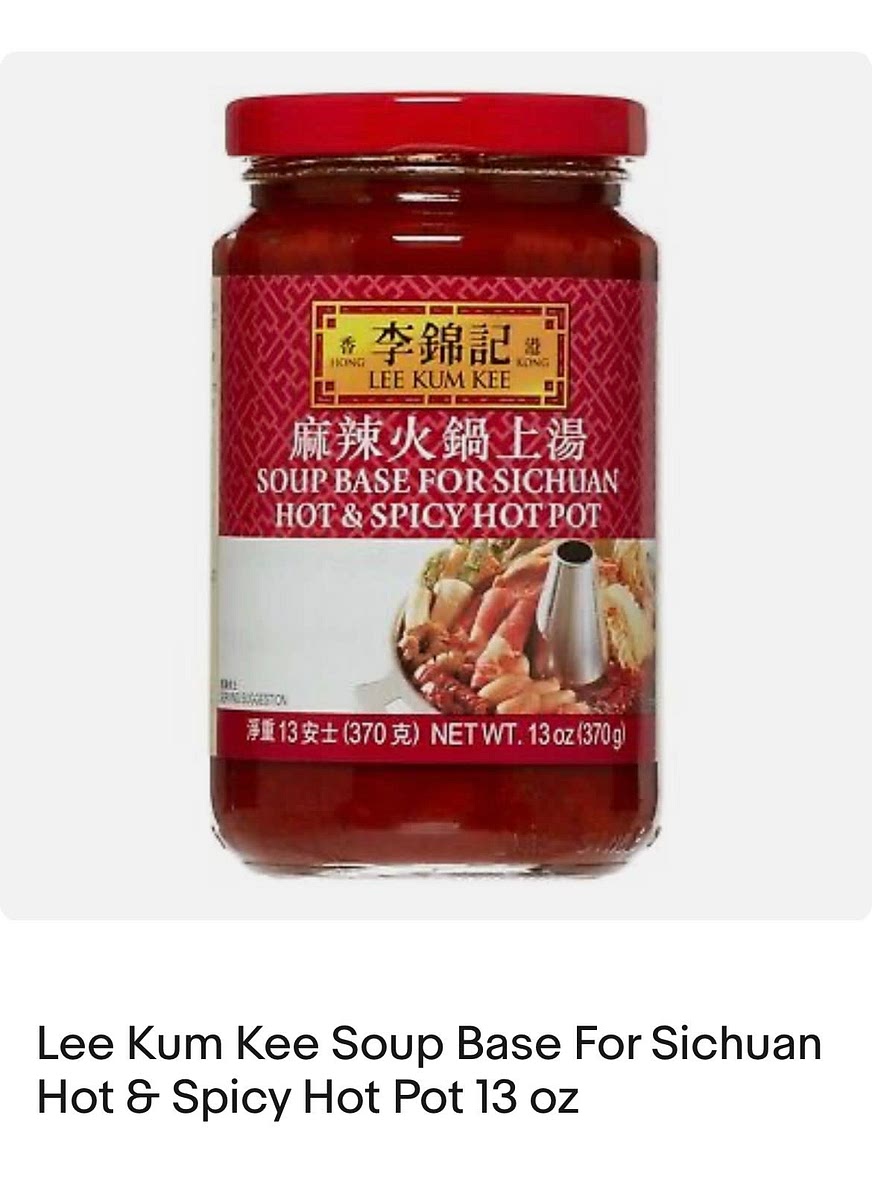Add 3 heaping spoons of sichuan paste (brand in the picture) and few sichuan peppercorns (tingly sensation, beware!). Also add 2 tsp of gochujang to the water as it heats up