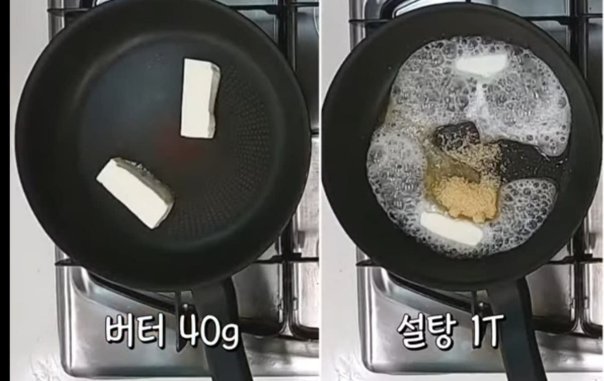 버터를 크래미 크기로 두덩어리 준비한 후 후라이팬에 넣고 약불(삼성인덕션 4)로 녹여주세요.