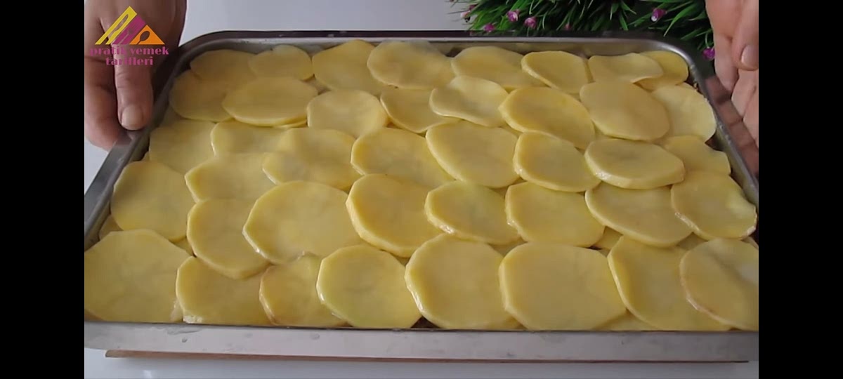 Verter un chorrito de aceite en una fuente para el horno y esparcirlo. Cubrir la superficie con la mitad de las patatas. Encima de las patatas colocamos la carne picada y sobre ésta la otra mitad de las patatas. Horneamos a 230° durante 30 minutos.