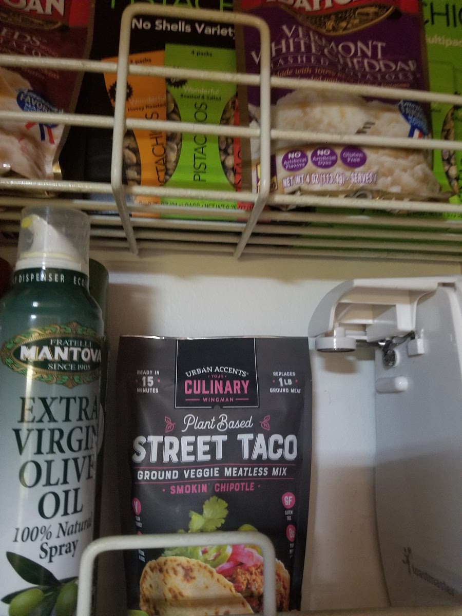 3. Hydrate street taco mix. Follow pkg instructions. Then add mix to slightly browned saute. Add a bit of water and spray oil as needed.