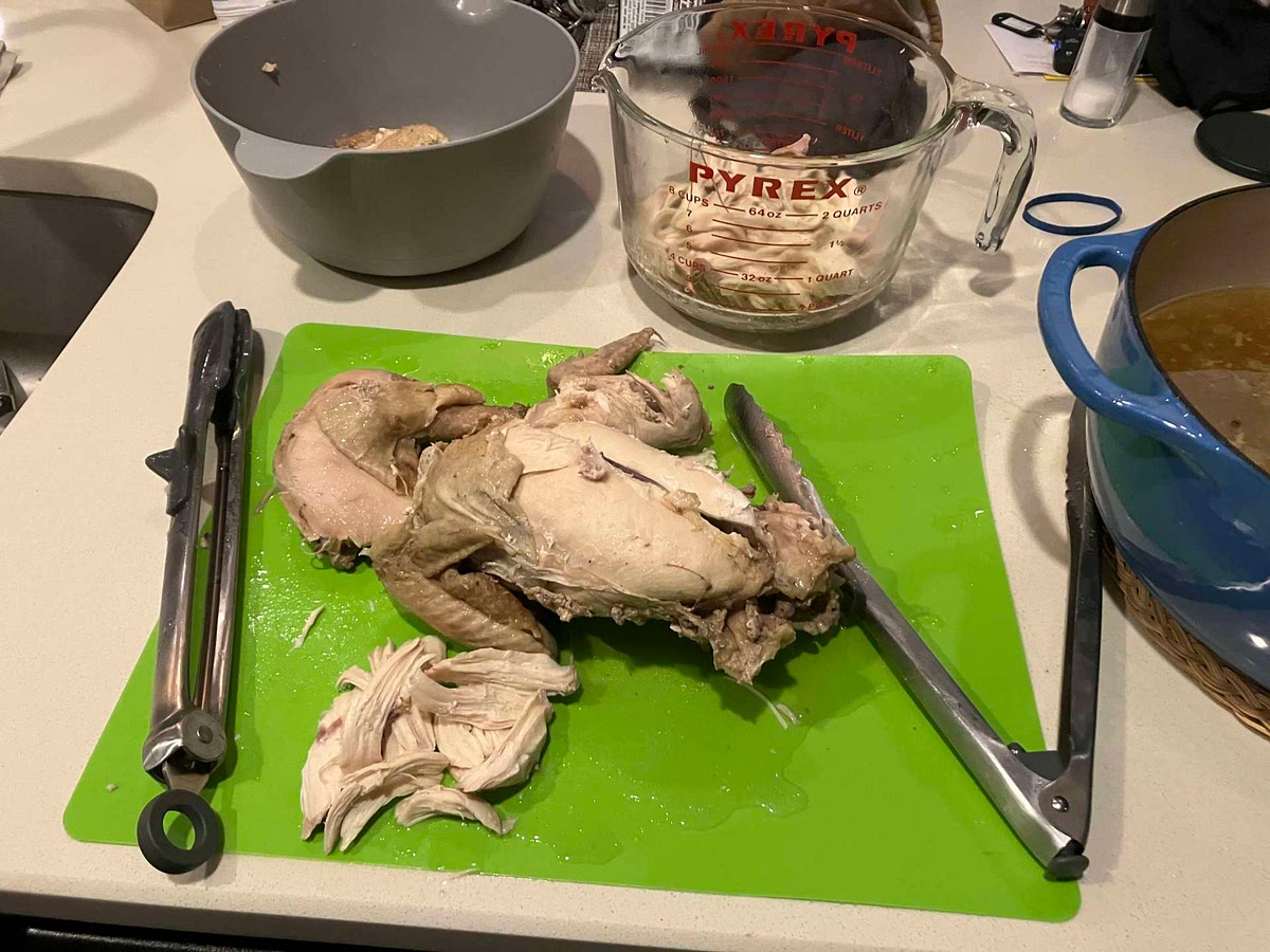 Debone chicken to get 4 cups cooked chicken (use rest for another chicken dish); get 2 cups broth (use rest of broth for another chicken dish).