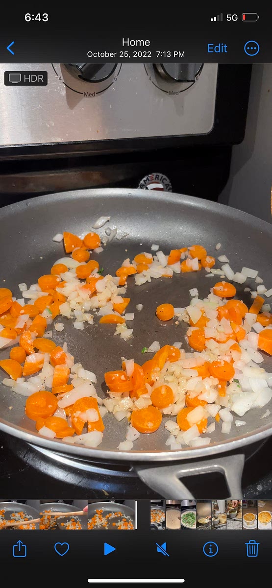 Once butter is melted add carrots, onion, and garlic to the pan. Add a pinch of salt and pepper. Cook for 1-2 minutes.