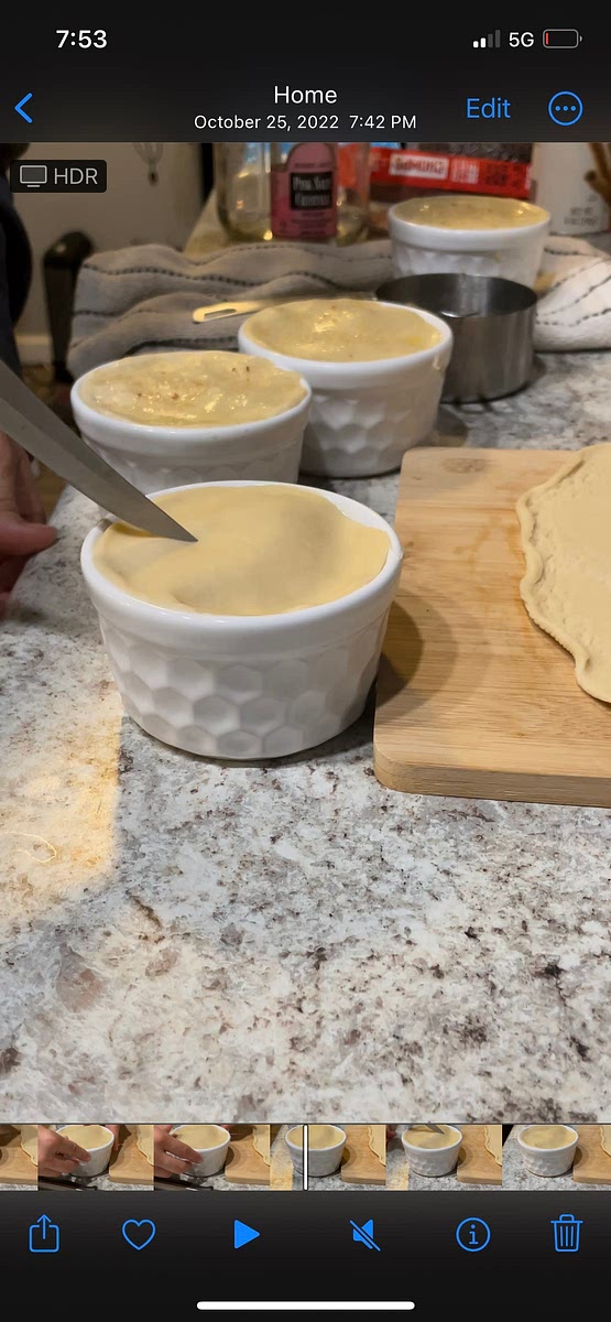 Add puff pastry to the top of the ramekin. Then slice 4 slices on the top of puff pastry for ventilation.