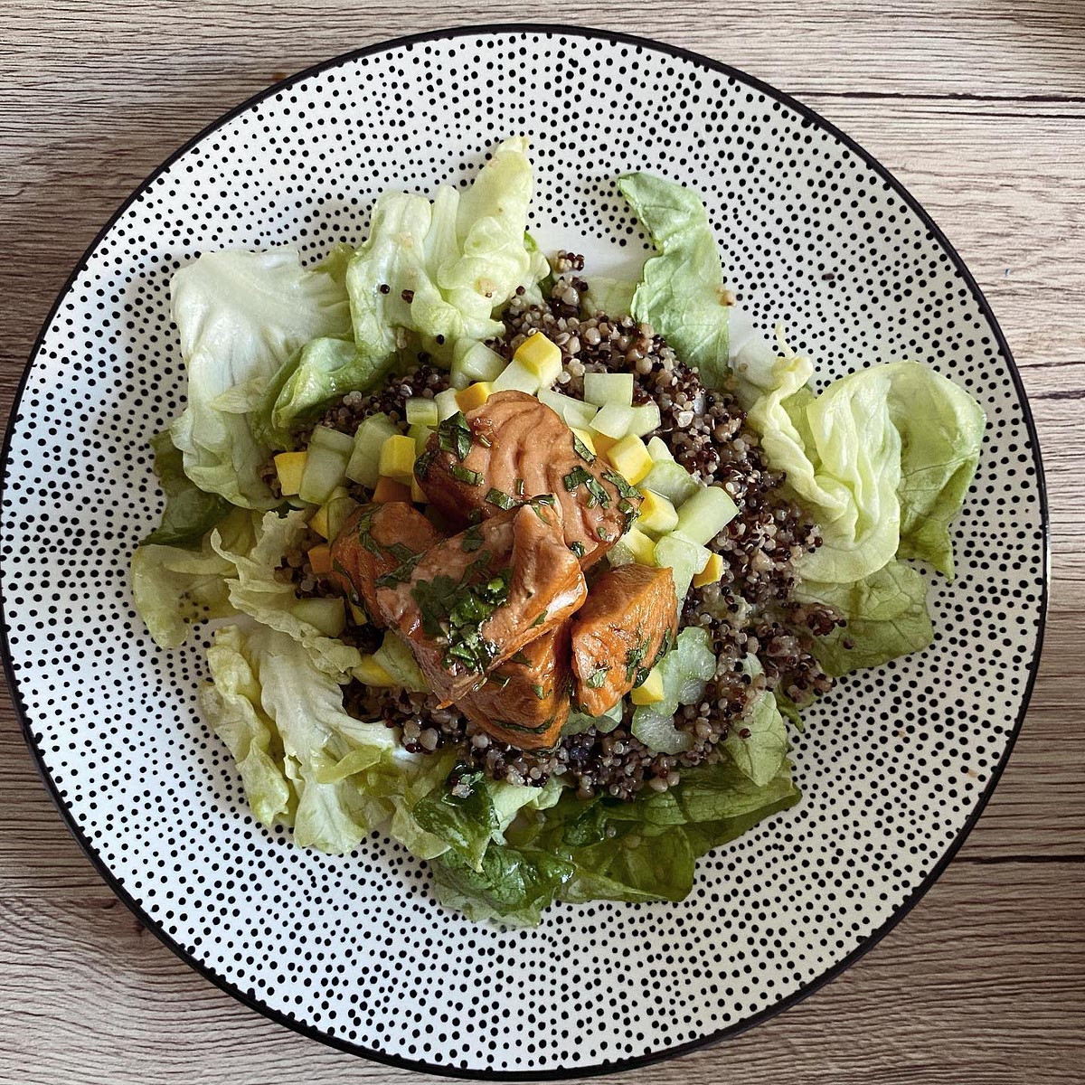 . Placer la salade, le quinoa et la brunoise dans l’assiette puis déposer les cubes de saumon égouttés
. Arroser d’une c. à soupe de marinade
. Servir. Bon appétit !