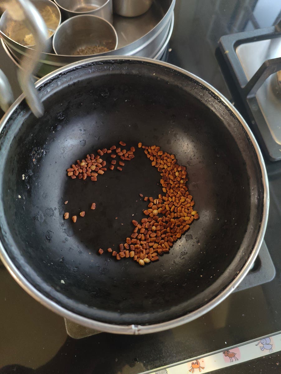 In the same vessel, add 3/4 TSP vendhayam and saute till golden brown and fragrant. and keep aside along with the til