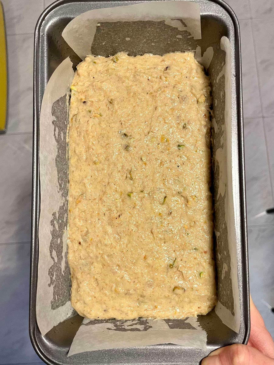 Pour batter into prepared pan and spread out evenly.