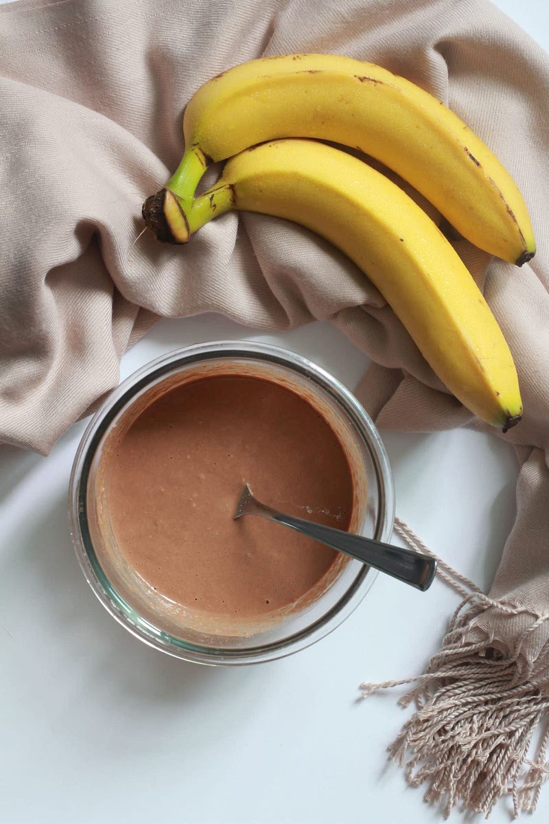Gather and measure all ingredients by starting to mix the flour, unsweetened cacao powder, baking powder and any granulated sugar of choice. Therefore, add-in milk of choice and stir until well combined.