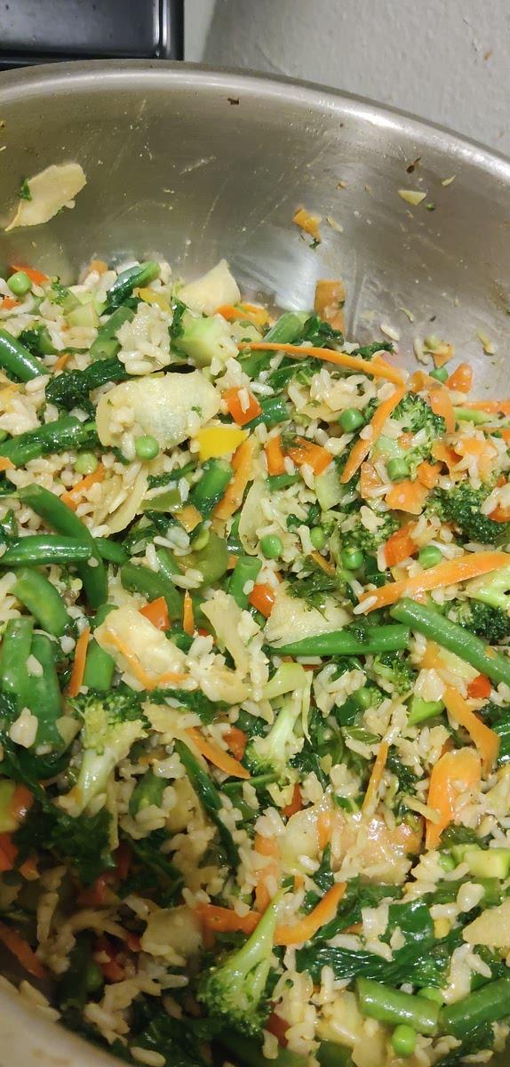 add in brown rice, water chestnuts or Jicama, peas, soy sauce , and hoisin sauce.