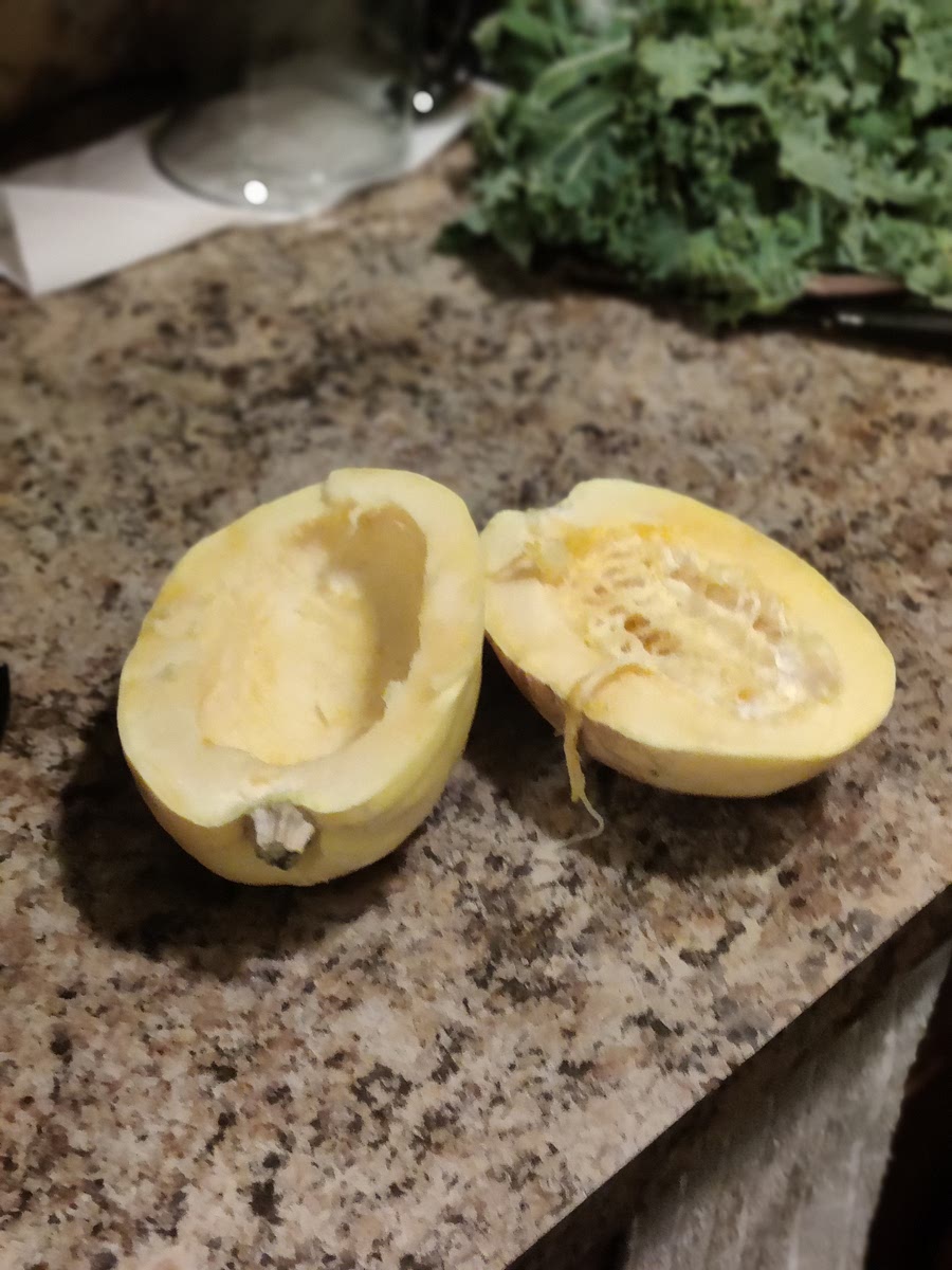 Preheat oven to 400 degrees
prep spaghetti squash
slice in half, spoon out the gut of both sides the squash.
drizzle with olive oil on both sides and sprinkle with salt.
poke the outer squash outer shell a few time and place shell side up on baking pan. Bake 20 - 25 minutes. Poke with fork to test shell tenderness.