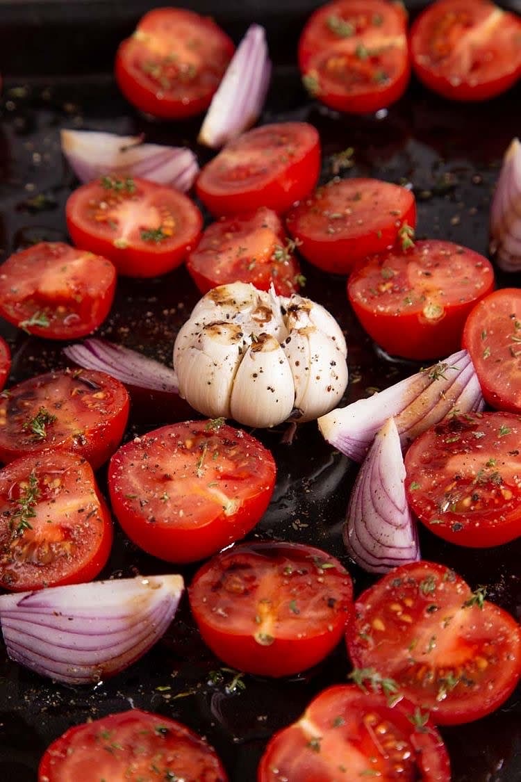 Drizzle olive oil, sprinkle salt pepper and basil all over vegetables. Place baking dish in oven till soft approximately 40 minutes. ( pro tip: broiler to slightly charre vegetables)
