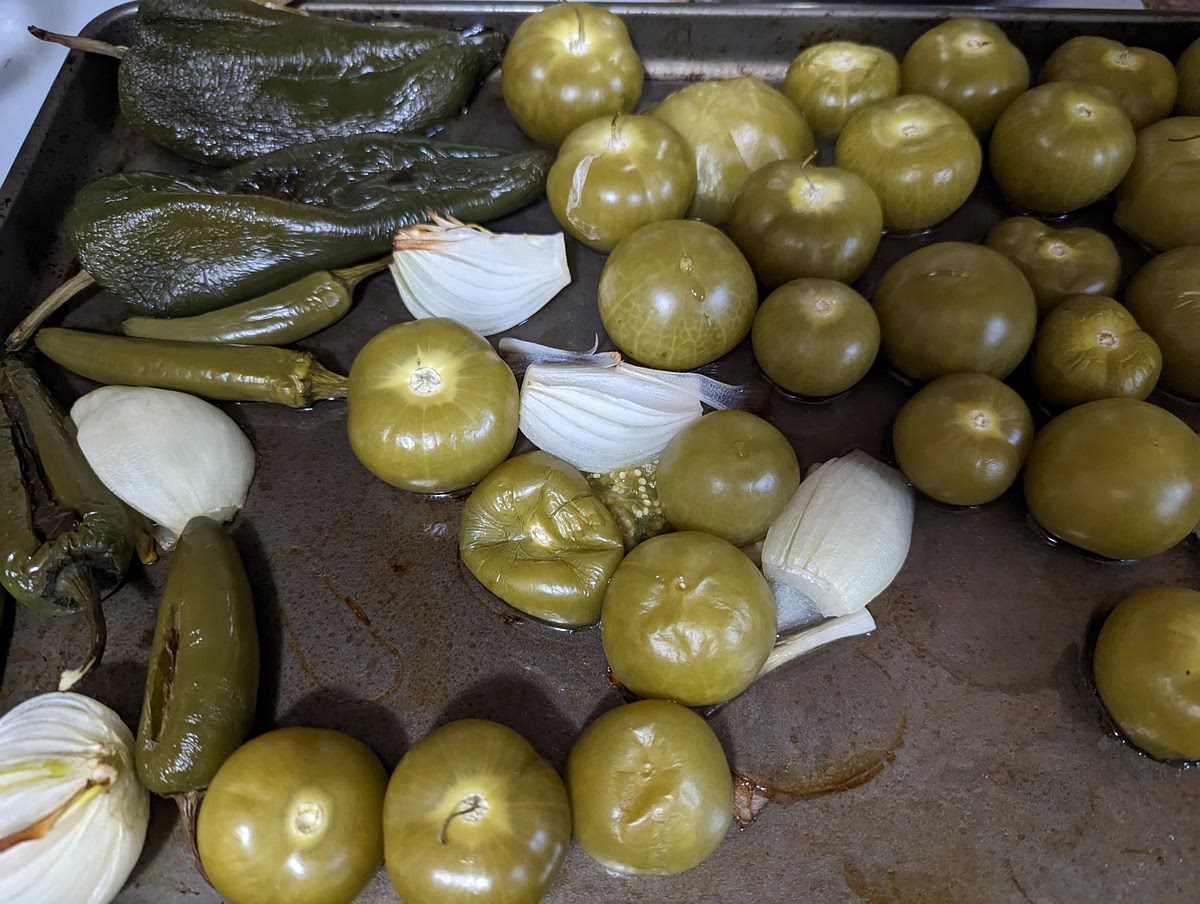 Roast peppers and tomatillo