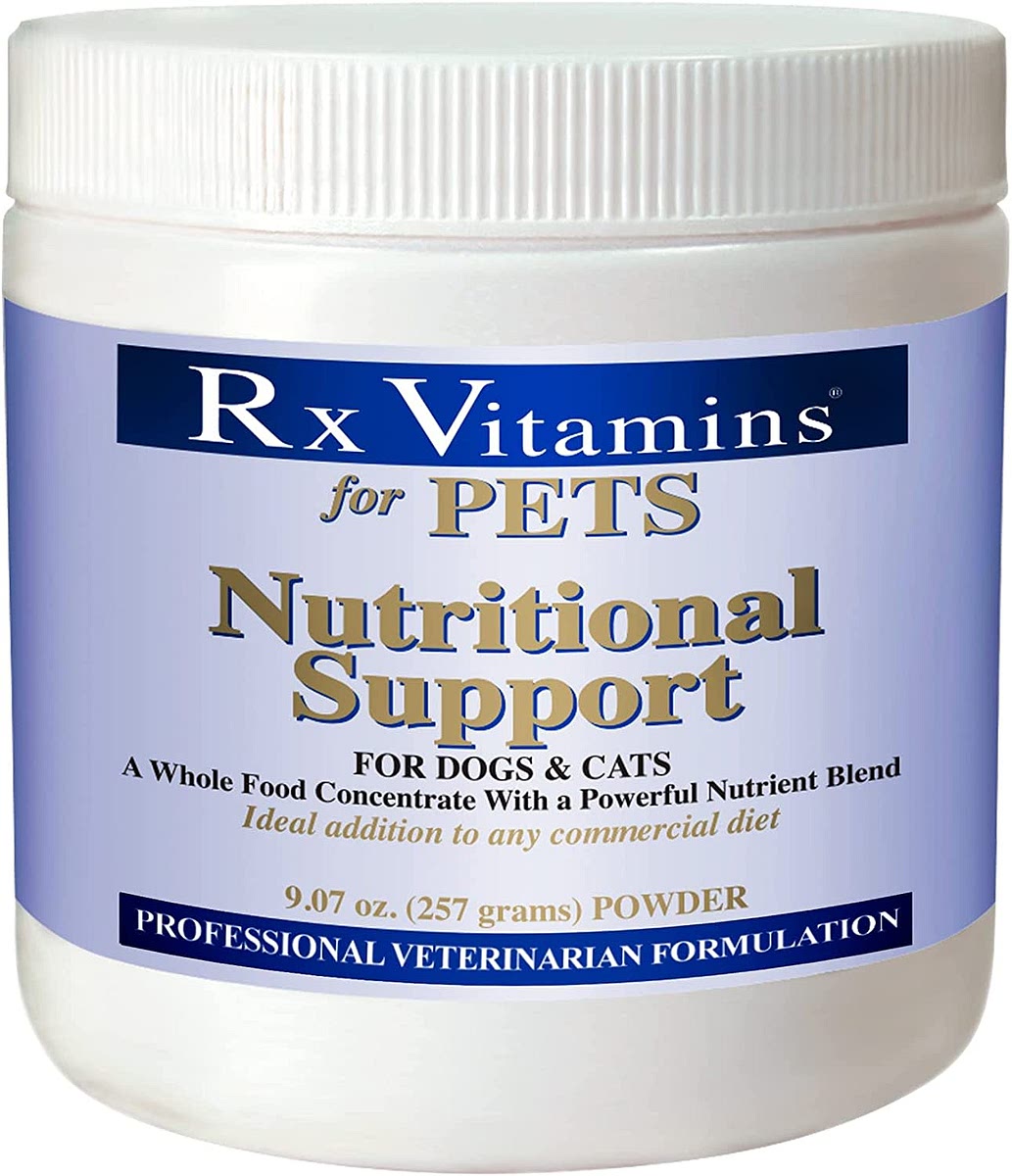 Lastly, each day just before feeding your dog, make sure you mix in a daily serving of "Rx Vitamins Nutritional Support Powder Nutritional Supplement for Cats & Dogs," depending on their size. As of now, the serving size is 1 tsp for dogs under 50lbs, 2 tsp 50-100lb dogs, and 1 tbsp for dogs exceeding 100 pounds. But, check the label at the time of purchase to make sure the measurements are the same.
