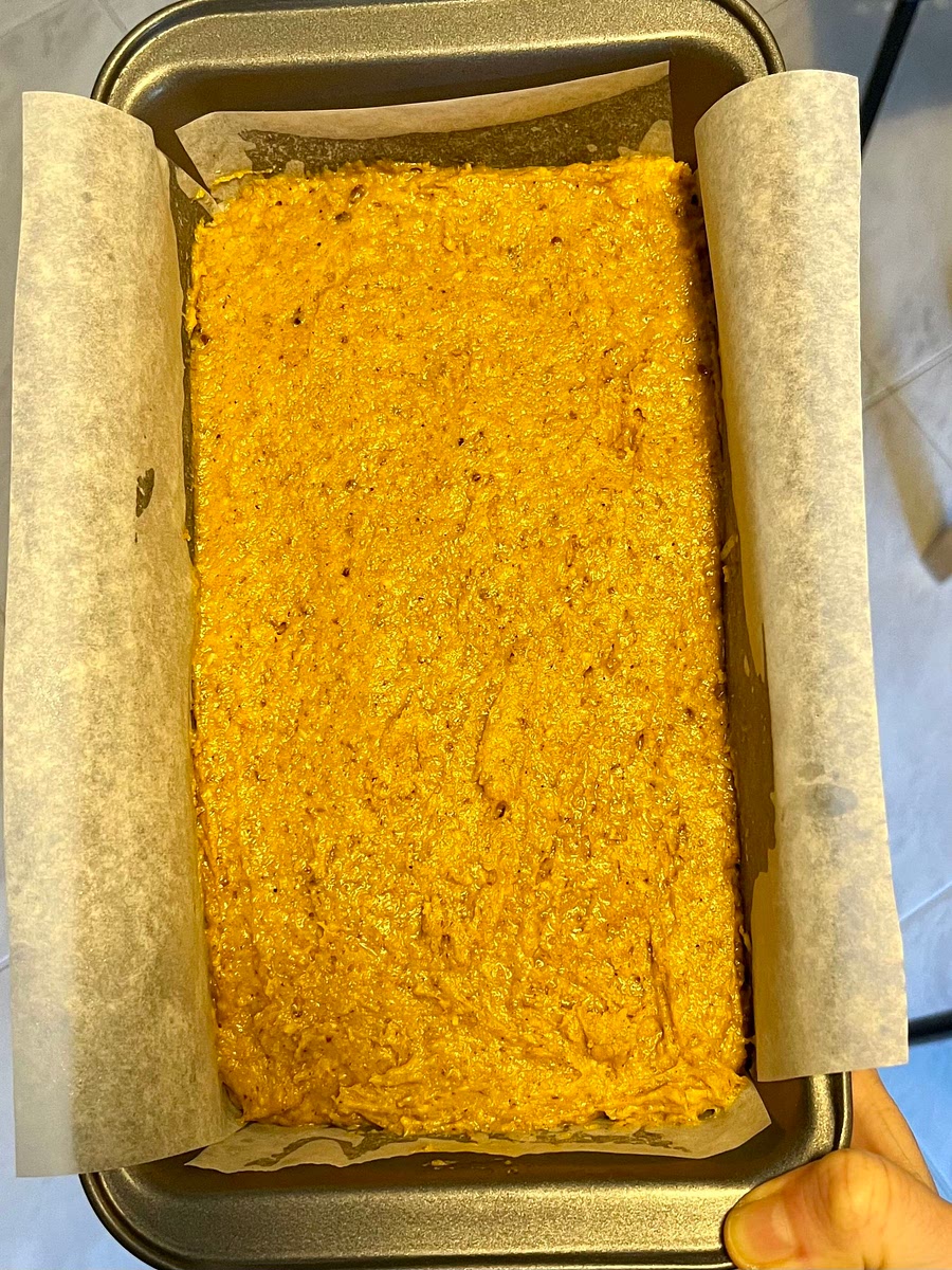 Spoon or pipe the batter into lined or greased muffin pan or loaf pan.