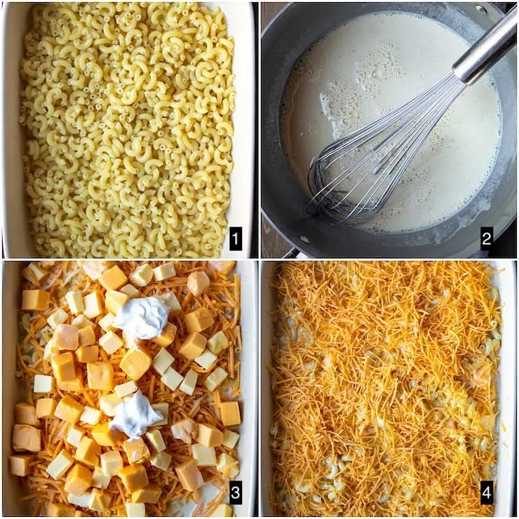Preheat oven to 350. Bring large pot of water to a boil and then salt generously. Cook macaroni just shy of package directions for Al Dente. Drain well and place in 9” or 13” baking dish or pan.