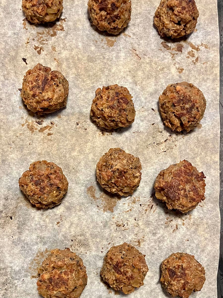 Bake for 20 minutes, stopping to turn the meatballs a few times during baking until the meatballs are golden and firm.