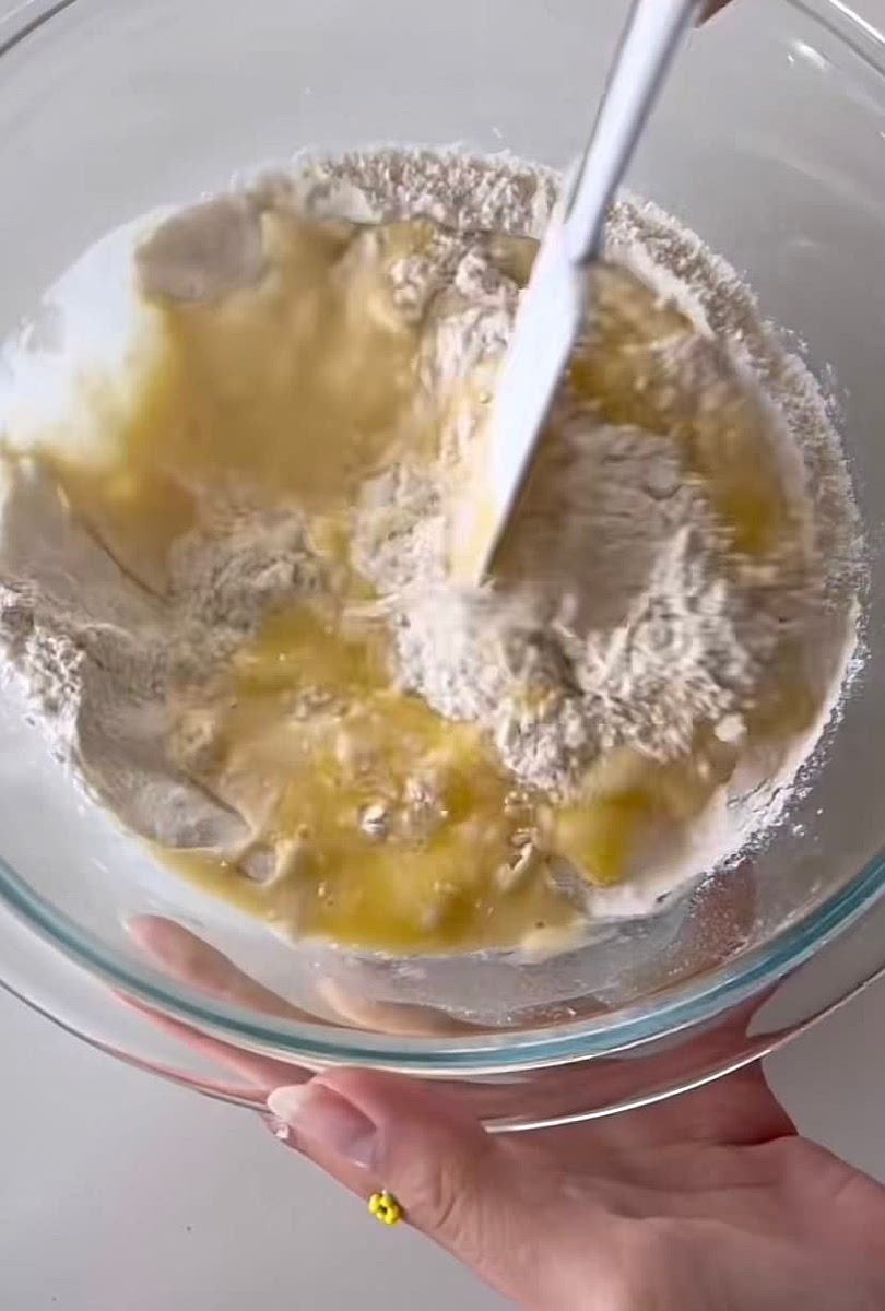 Combine wet and dry ingredients and fold gently together.