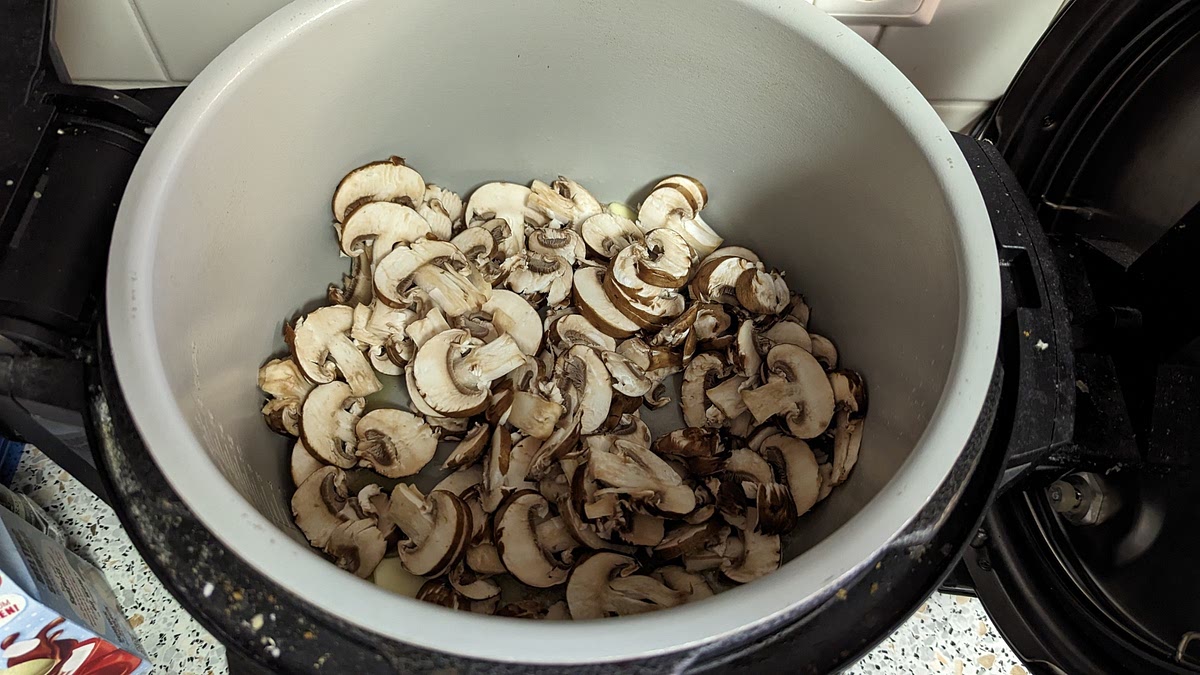 Set instant pot to Saute on Medium heat. Cook up the 1/4 cup of butter and the bella mushrooms.