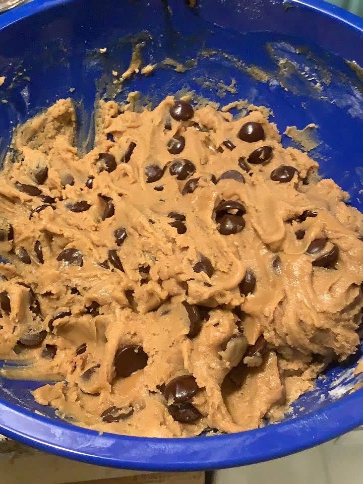 After you have it all mixed together into a cookie dough like consistency add in your chocolate chips and mix!