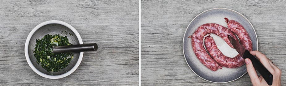 En un mortero picamos los ajos con un chorro de aceite de oliva virgen extra. Se puede usar batidora de mano pero sin triturar demasiado. Añadimos las hojas de perejil, algo más de aceite y picamos un poco más. Hacemos unos cortes en un lado de las butifarras (de 1 cm aprox.) para que se cocine mejor el interior.