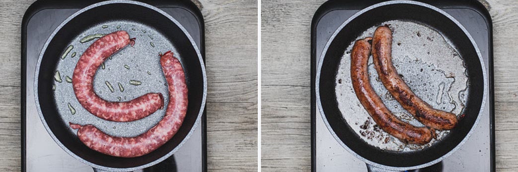 Echamos un poco de aceite en una sartén, apenas unas gotas porque la butifarra se cocinará en la propia grasa que irá soltando poco a poco.