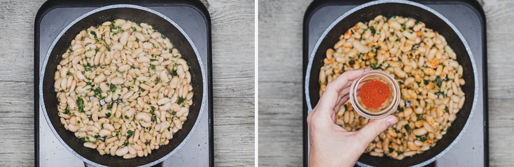 En la misma sartén con la grasa que han soltado las butifarras, echamos las alubias. Salpimentamos al gusto. Salteamos ligeramente un par de minutos. Añadimos la picada de ajo y perejil, mezclamos muy bien sin aplastar las alubias y rehogamos 5-7 minutos.