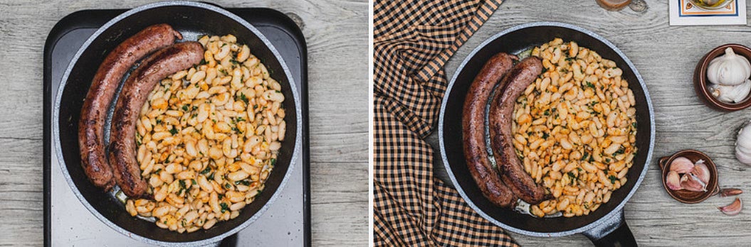 Echamos el pimentón y mezclamos. A continuación hacemos un hueco en la sartén y volvemos a introducir las butifarras para darles un último toque de calor y apagamos el fuego. Servimos caliente.