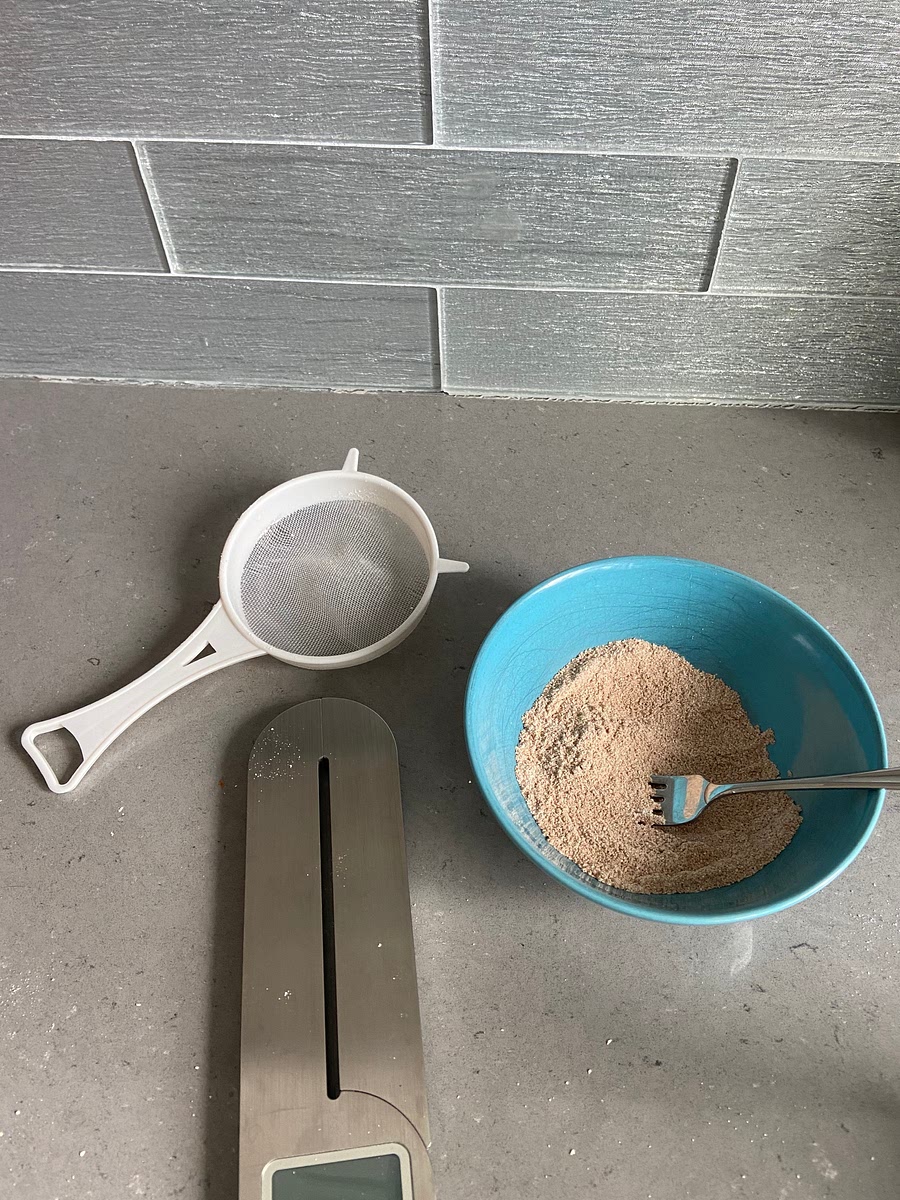 Combine and mix all dry ingredients other than half of sweetener in a bowl
