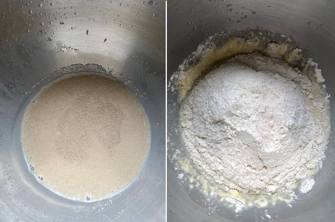Dump in the flour and salt. Mix until a dry dough forms. Once combined, add the room temperature butter and continue kneading for 10-15 minutes until smooth.