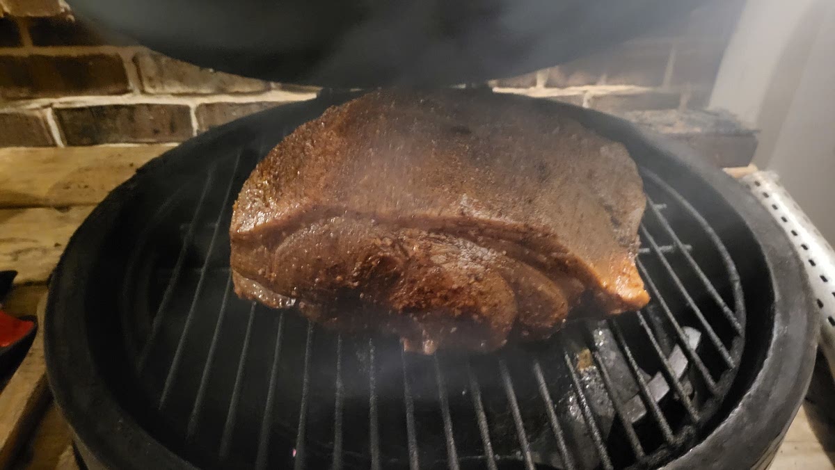 Cook the Meat on Indirect Heat, Fat Side Up, for 3 Hours at 225 Degrees. Mop with Cooked Brine every Hour.