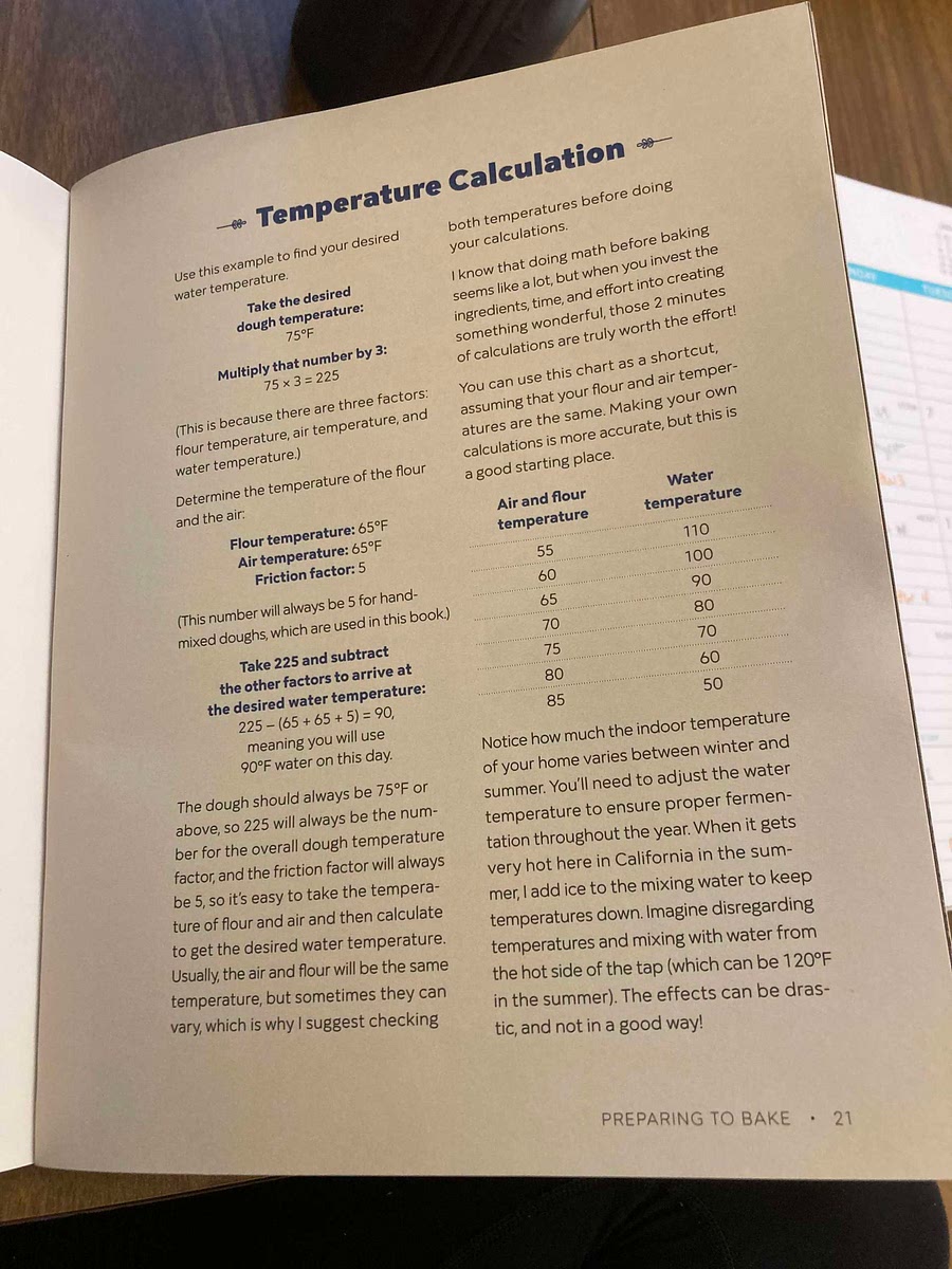 PREPARE: Find the ambient temperature of your kitchen with a thermometer. A great way to do this is to take the temperature of your flour while it is sitting out at room temperature. Take a look at the chart on page 21 to see what temperature water you need for your dough. I find the easiest way to get my water to the correct temperature is to fill a pitcher or jar with hot water and one with cold water from the tap. I pour the cold water into the hot water until I've reached the ideal temperature. The desired dough temperature here is 76°F.